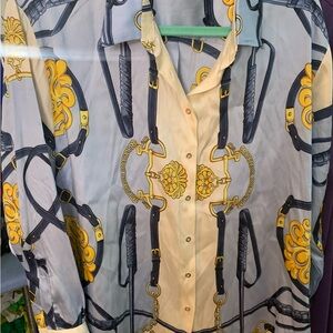 Silk Chain & Bit Print Button-Up Blouse in Light Blue and Yellow